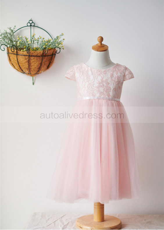 Cap Sleeves Pink Lace Tulle Short Flower Girl Dress Cap Sleeves Pink Lace Tulle Short Flower Girl Dress